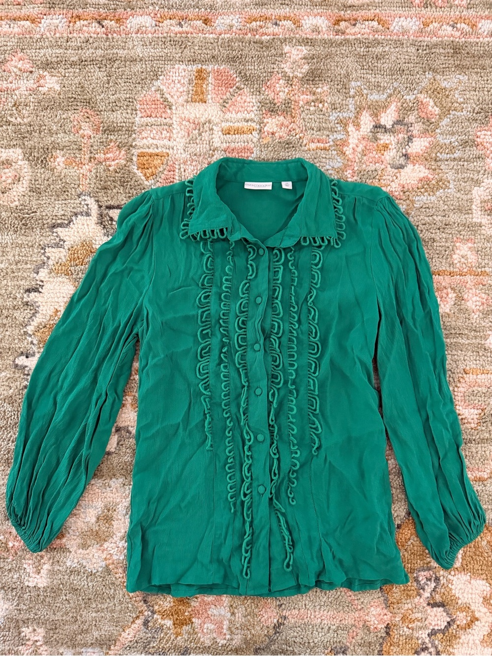 Eva Mendes Kelly Green Chiffon Loop Ruffle Blouse